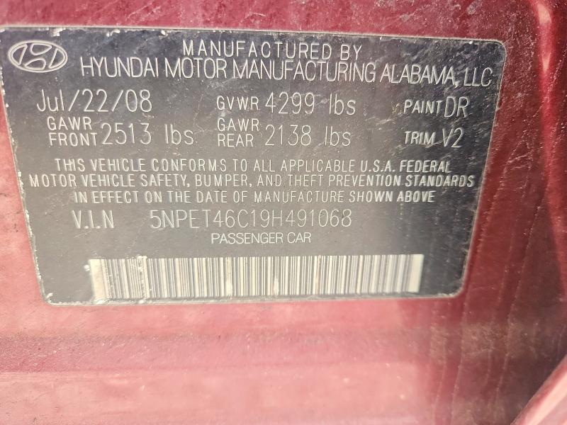 52508486 :رقم المزاد ، 5NPET46C19H491068 vin ، 2009 Hyundai Sonata مزاد بيع