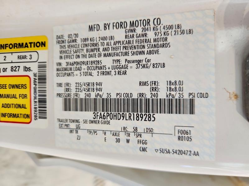 Продажа на аукционе авто 2020 Ford Fusion, vin: 3FA6P0HD9LR189285, номер лота: 52516496