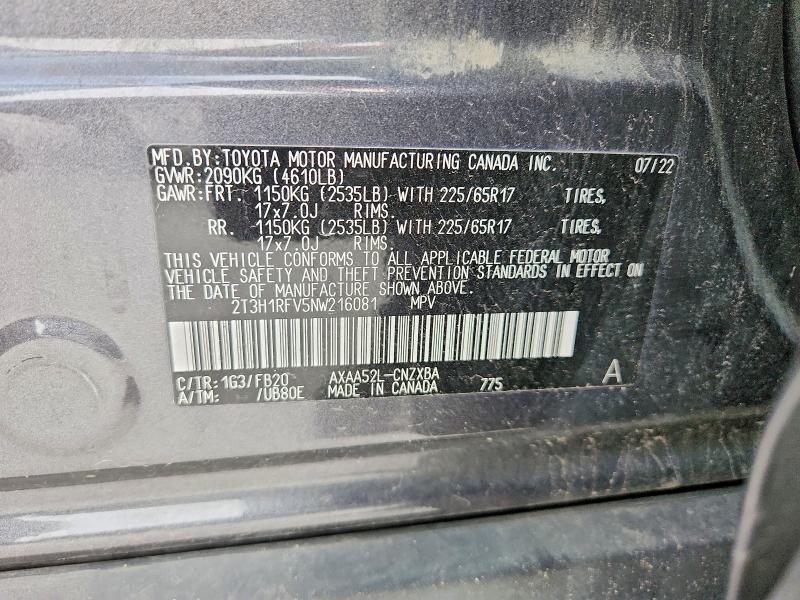 2022 Toyota Rav4 მანქანა იყიდება აუქციონზე, vin: 2T3H1RFV5NW216081, აუქციონის ნომერი: 52080106