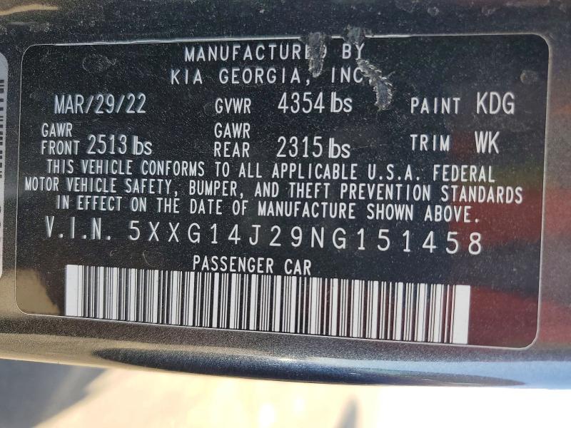 2022 Kia K5 მანქანა იყიდება აუქციონზე, vin: 5XXG14J29NG151458, აუქციონის ნომერი: 52888156