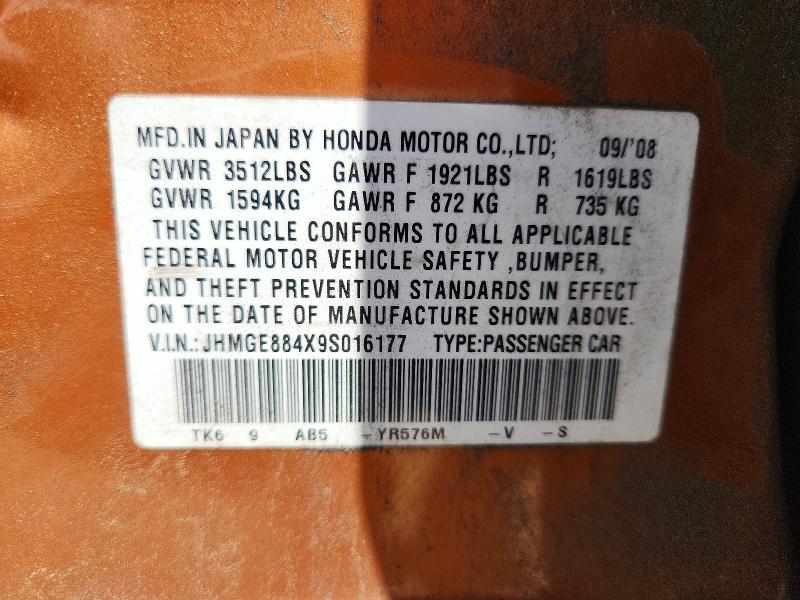 2009 Honda Fit მანქანა იყიდება აუქციონზე, vin: JHMGE884X9S016177, აუქციონის ნომერი: 55457196