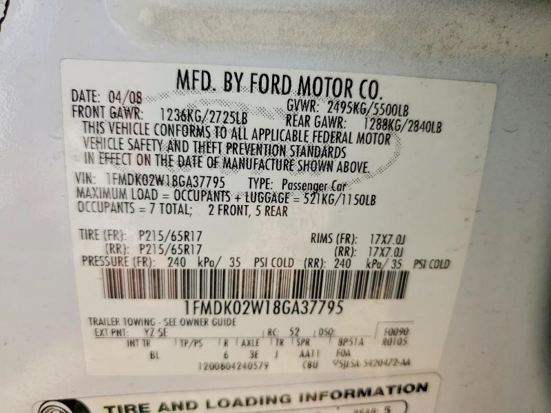 52891006 :رقم المزاد ، 1FMDK02W18GA37795 vin ، 2008 Ford Taurus X مزاد بيع