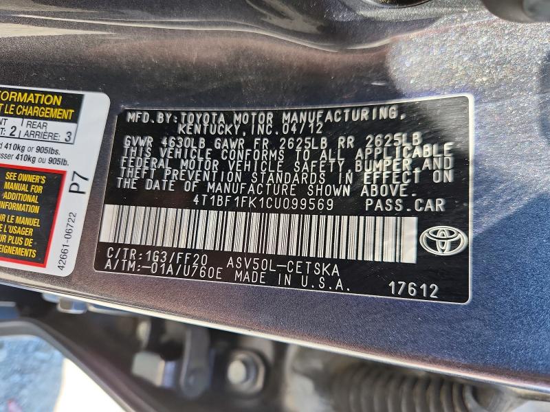 2012 Toyota Camry მანქანა იყიდება აუქციონზე, vin: 4T1BF1FK1CU099569, აუქციონის ნომერი: 53022306