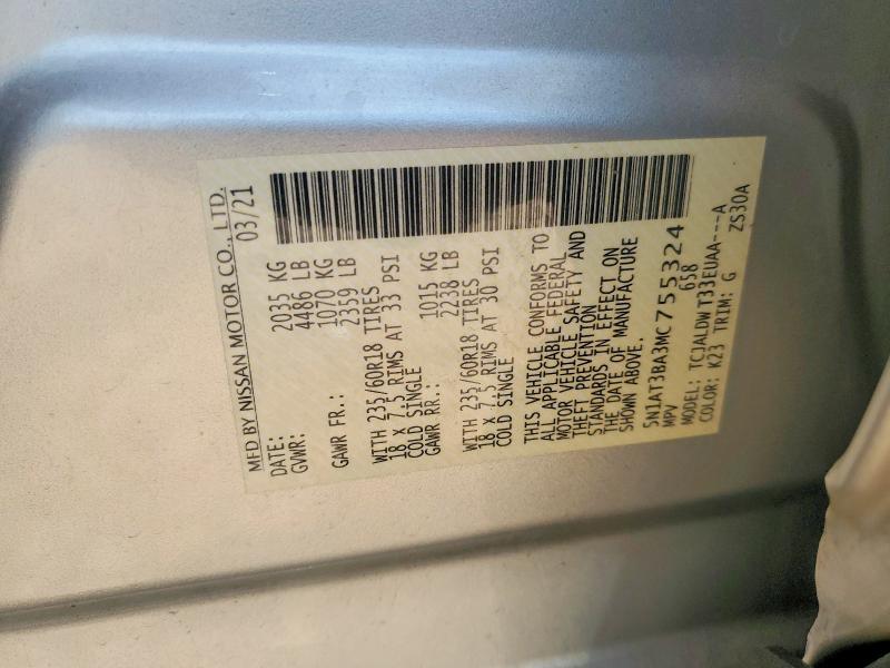 51702346 :رقم المزاد ، 5N1AT3BA3MC755324 vin ، 2021 Nissan Rogue مزاد بيع