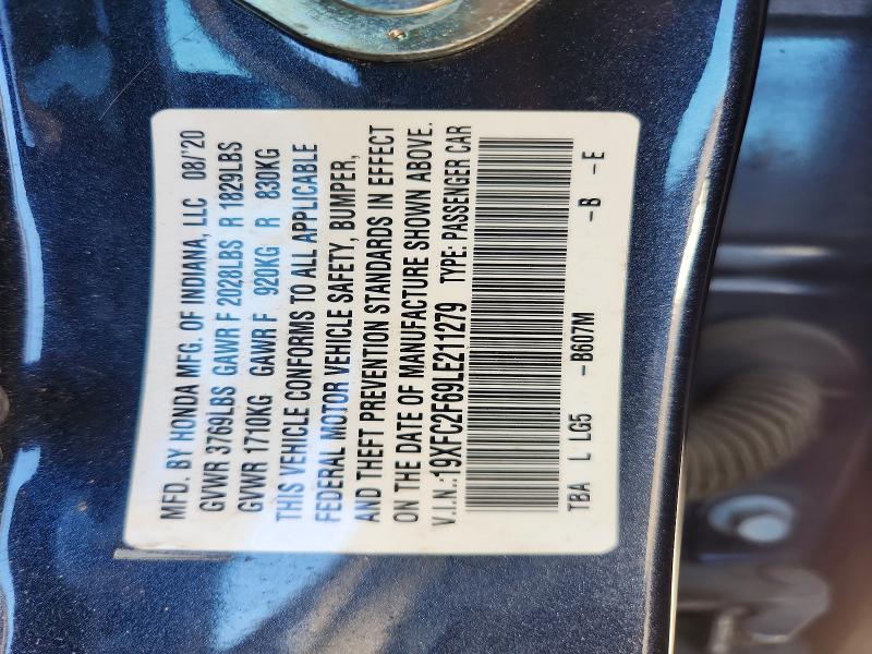 Продажа на аукционе авто 2020 Honda Civic, vin: 19XFC2F69LE211279, номер лота: 53274196