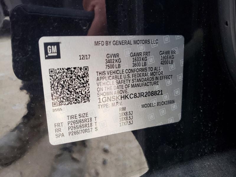 51916076 :رقم المزاد ، 1GNSKHKC8JR208821 vin ، 2018 Chevrolet Suburban مزاد بيع