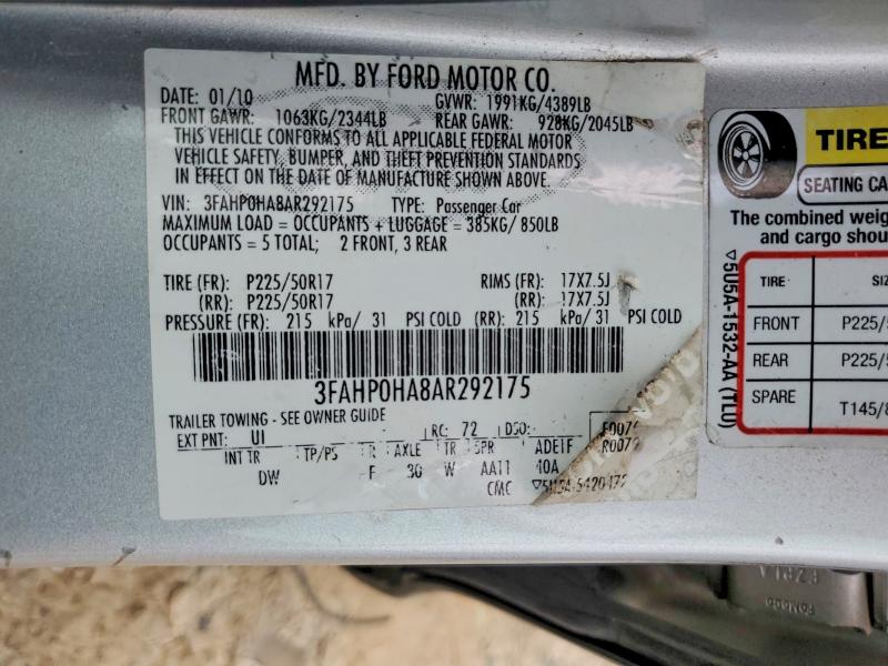 2010 Ford Fusion მანქანა იყიდება აუქციონზე, vin: 3FAHP0HA8AR292175, აუქციონის ნომერი: 52869006