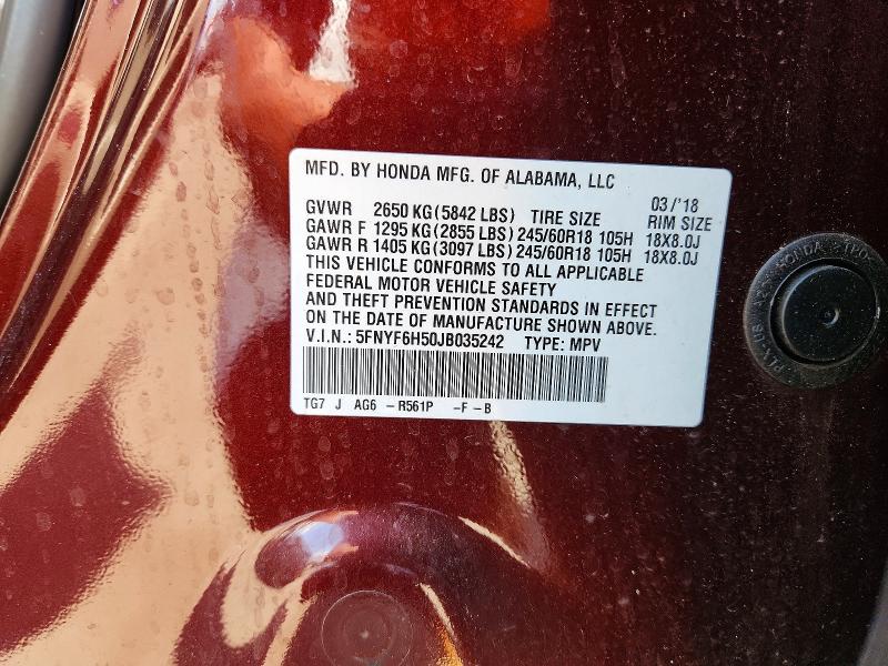 Продаж на аукціоні авто 2018 Honda Pilot, vin: 5FNYF6H50JB035242, номер лоту: 51996846
