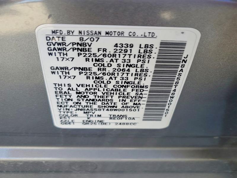 Aukcja sprzedaży 2008 Nissan Rogue, vin: JN8AS58T48W001501, numer aukcji: 54271056