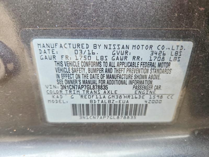 54778026 :رقم المزاد ، 3N1CN7AP7GL878835 vin ، 2016 Nissan Versa مزاد بيع