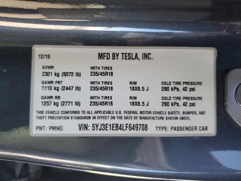 Aukcja sprzedaży 2020 Tesla Model 3, vin: 5YJ3E1EB4LF649708, numer aukcji: 52884756