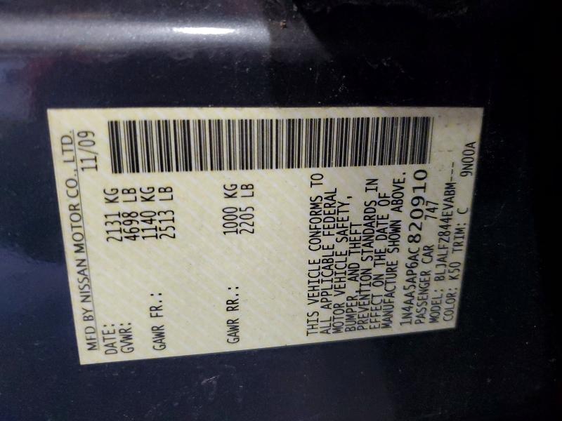 52825096 :رقم المزاد ، 1N4AA5AP6AC820910 vin ، 2010 Nissan Maxima مزاد بيع