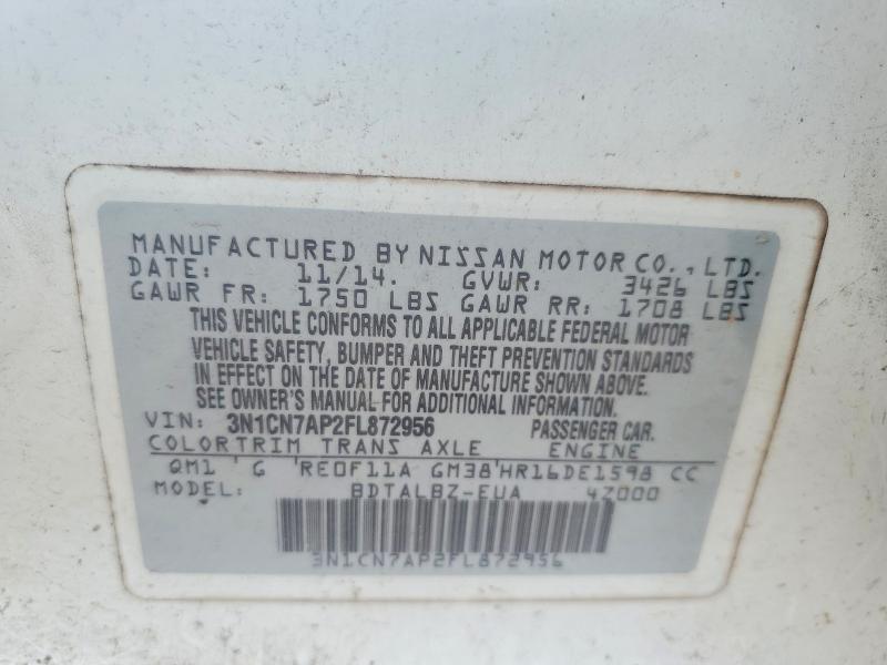 53240766 :رقم المزاد ، 3N1CN7AP2FL872956 vin ، 2015 Nissan Versa مزاد بيع