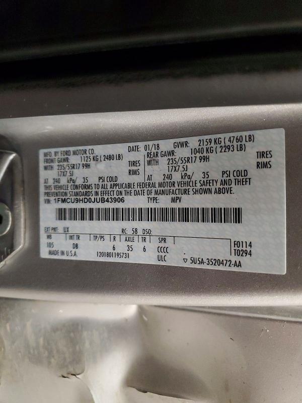 Продажа на аукционе авто 2018 Ford Escape, vin: 1FMCU9HD0JUB43906, номер лота: 54193126