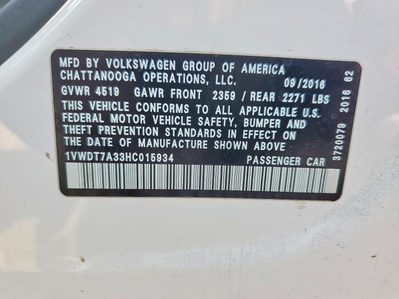Продаж на аукціоні авто 2017 Volkswagen Passat, vin: 1VWDT7A33HC015934, номер лоту: 54095356