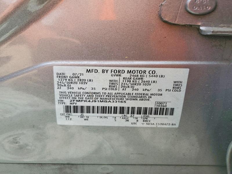 2021 Ford Edge მანქანა იყიდება აუქციონზე, vin: 2FMPK4J91MBA33165, აუქციონის ნომერი: 55239006