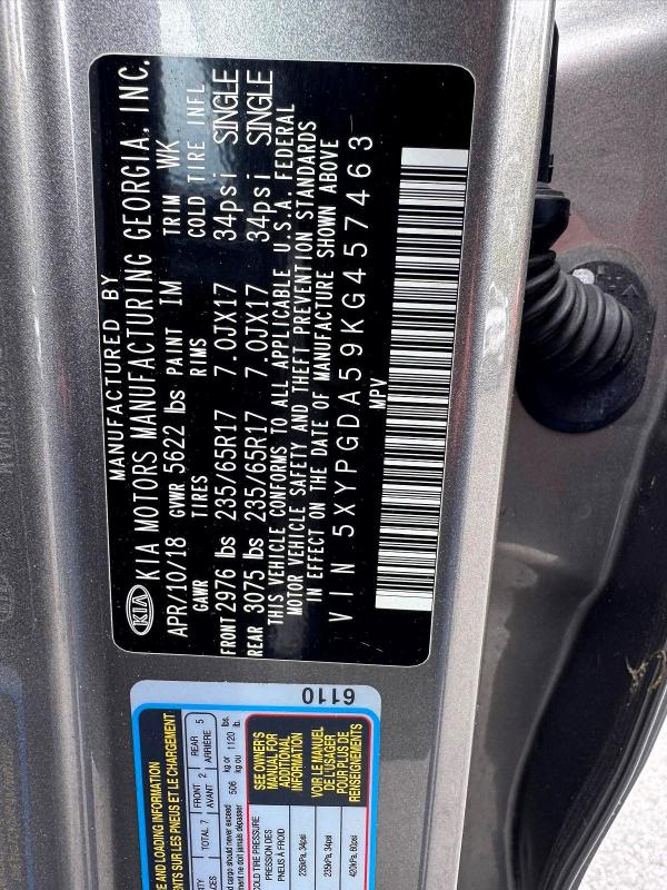 53571806 :رقم المزاد ، 5XYPGDA59KG457463 vin ، 2019 Kia Sorento مزاد بيع