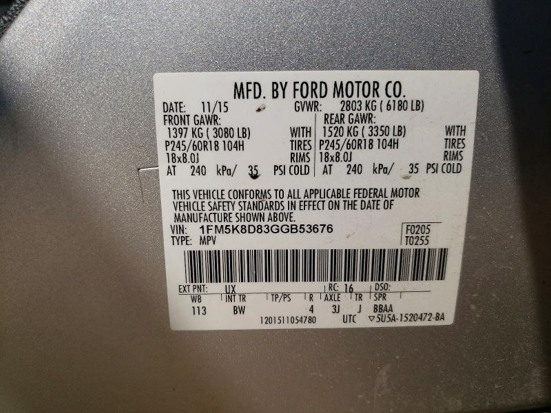 53771256 :رقم المزاد ، 1FM5K8D83GGB53676 vin ، 2016 Ford Explorer مزاد بيع