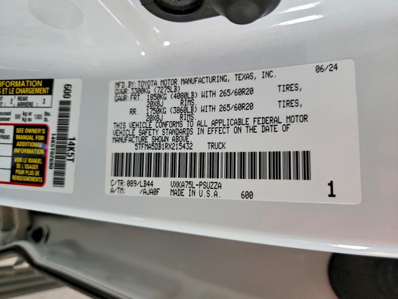 Продаж на аукціоні авто 2024 Toyota Tundra, vin: 5TFMA5DB1RX215432, номер лоту: 52887886