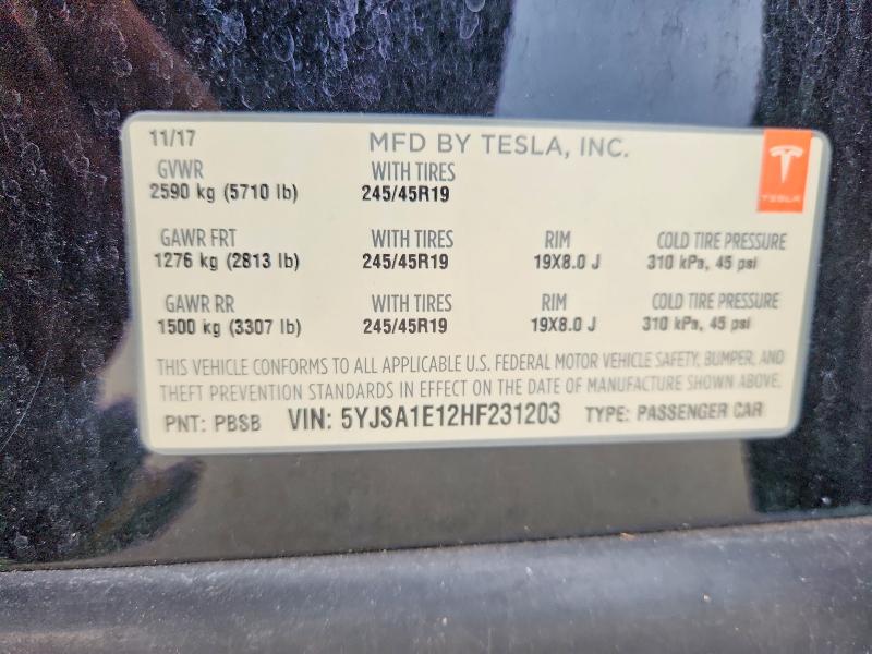 2017 Tesla Model S მანქანა იყიდება აუქციონზე, vin: 5YJSA1E12HF231203, აუქციონის ნომერი: 53175556
