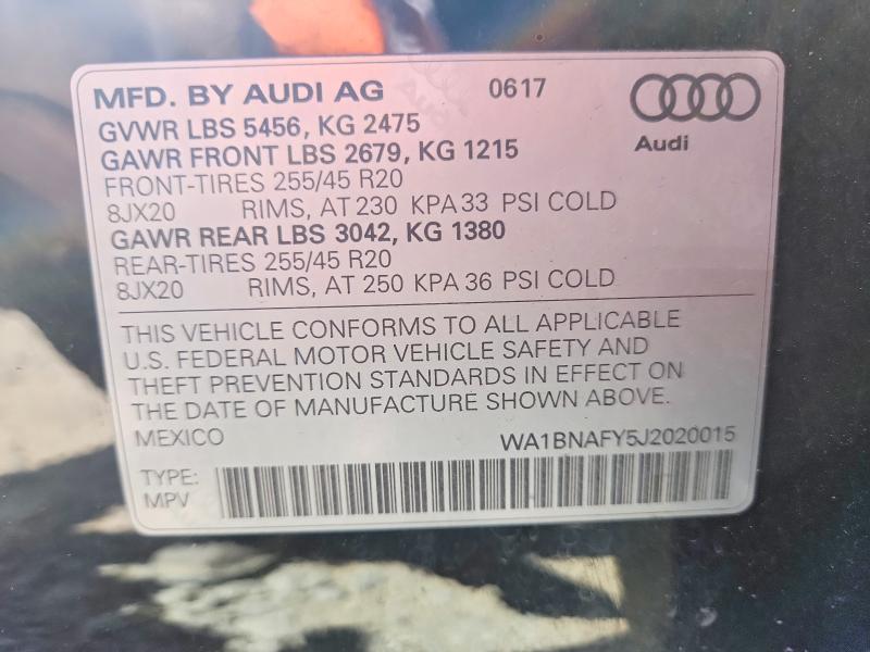 53038656 :رقم المزاد ، WA1BNAFY5J2020015 vin ، 2018 Audi Q5 مزاد بيع