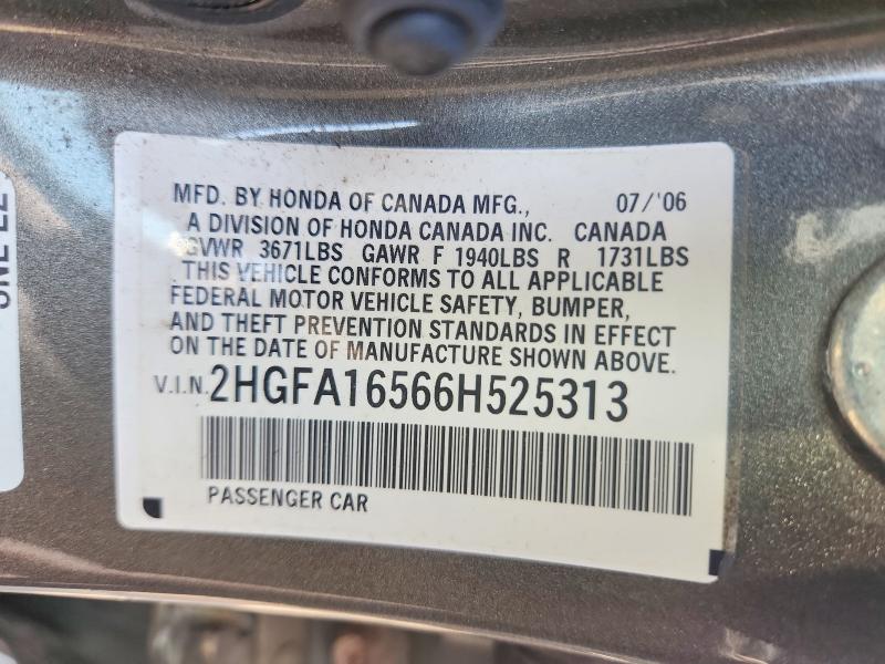 Продаж на аукціоні авто 2006 Honda Civic, vin: 2HGFA16566H525313, номер лоту: 52780056