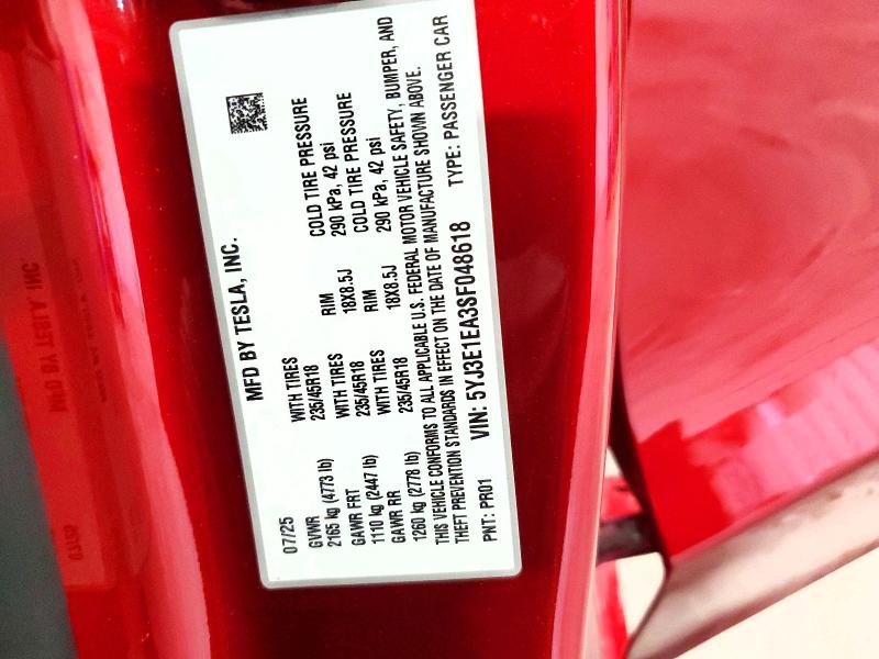 2025 Tesla Model 3 მანქანა იყიდება აუქციონზე, vin: 5YJ3E1EA3SF048618, აუქციონის ნომერი: 54818716