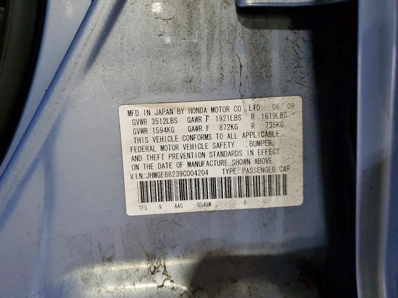 52658256 :رقم المزاد ، JHMGE88239C004204 vin ، 2009 Honda Fit مزاد بيع