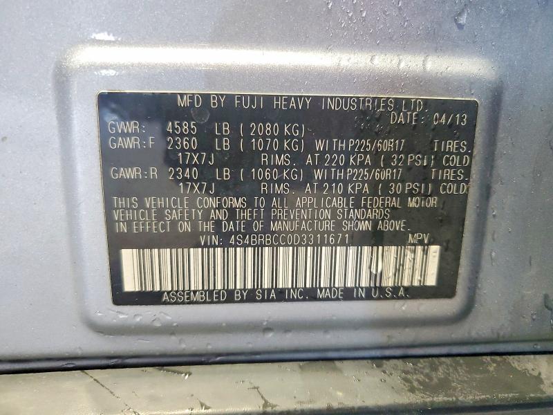 54639656 :رقم المزاد ، 4S4BRBCC0D3311671 vin ، 2013 Subaru Outback مزاد بيع