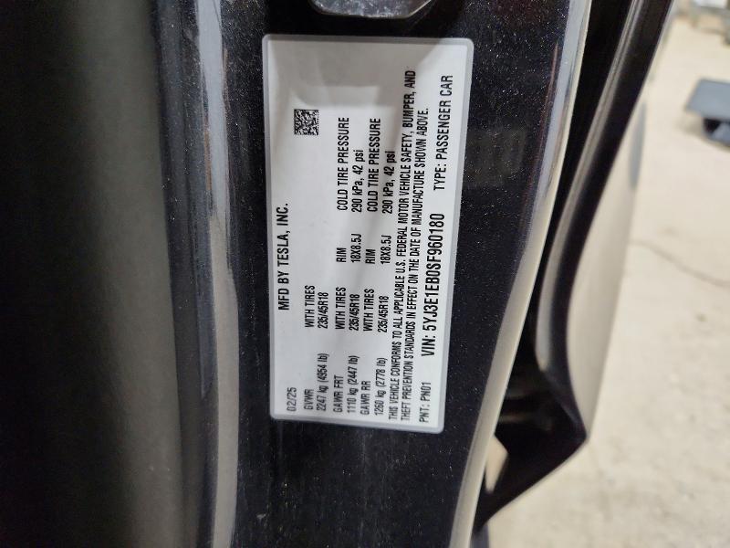 52495076 :رقم المزاد ، 5YJ3E1EB0SF960180 vin ، 2025 Tesla Model 3 مزاد بيع