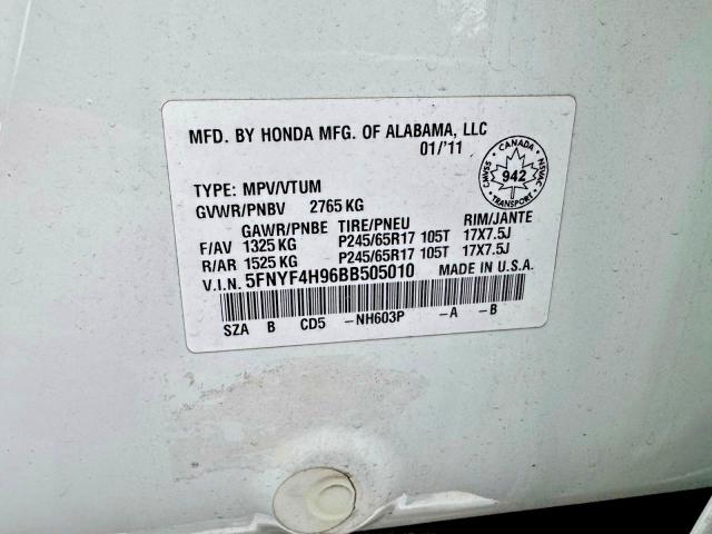 Продажа на аукционе авто 2011 Honda Pilot, vin: 5FNYF4H96BB505010, номер лота: 53145376