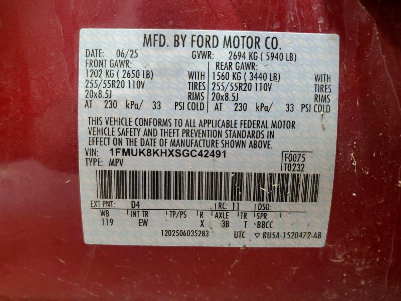 2025 Ford Explorer მანქანა იყიდება აუქციონზე, vin: 1FMUK8KHXSGC42491, აუქციონის ნომერი: 55245396