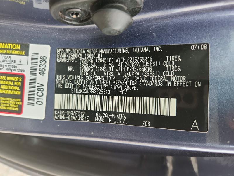 2009 Toyota Sienna მანქანა იყიდება აუქციონზე, vin: 5TDZK23C89S226543, აუქციონის ნომერი: 53895656