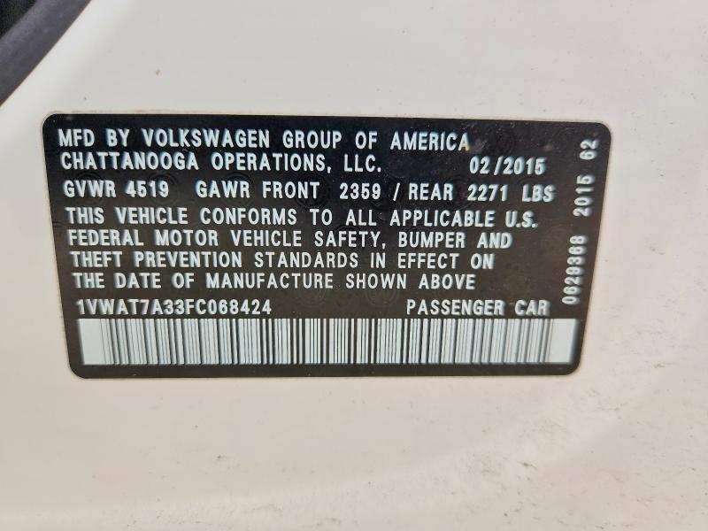 54475376 :رقم المزاد ، 1VWAT7A33FC068424 vin ، 2015 Volkswagen Passat مزاد بيع