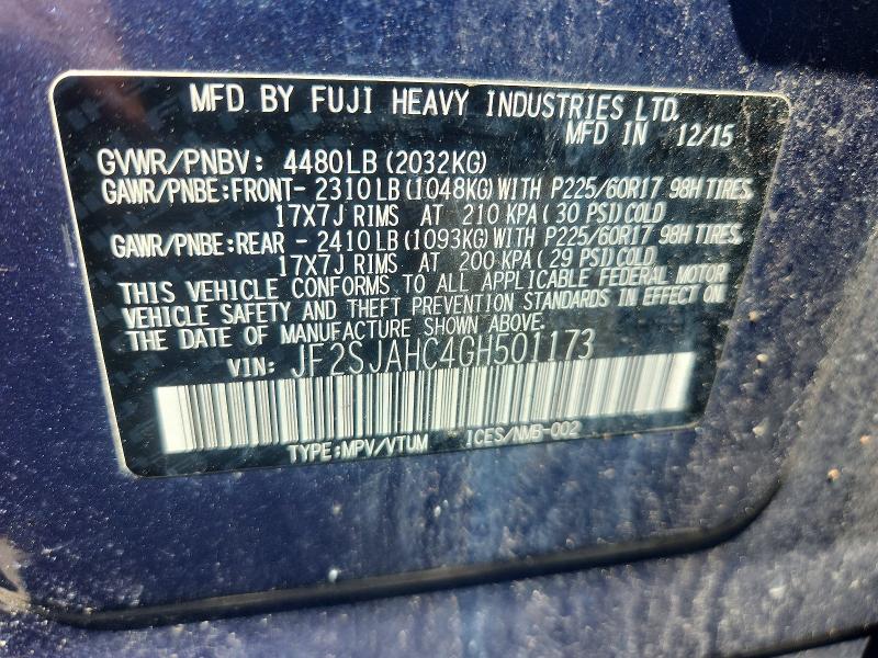 2016 Subaru Forester მანქანა იყიდება აუქციონზე, vin: JF2SJAHC4GH501173, აუქციონის ნომერი: 54414336
