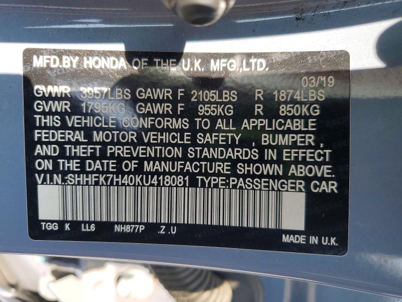 Aukcja sprzedaży 2019 Honda Civic, vin: SHHFK7H40KU418081, numer aukcji: 53044876