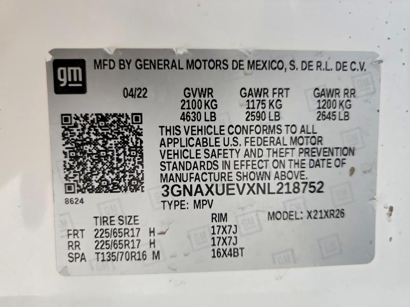 Продаж на аукціоні авто 2022 Chevrolet Equinox, vin: 3GNAXUEVXNL218752, номер лоту: 52680676