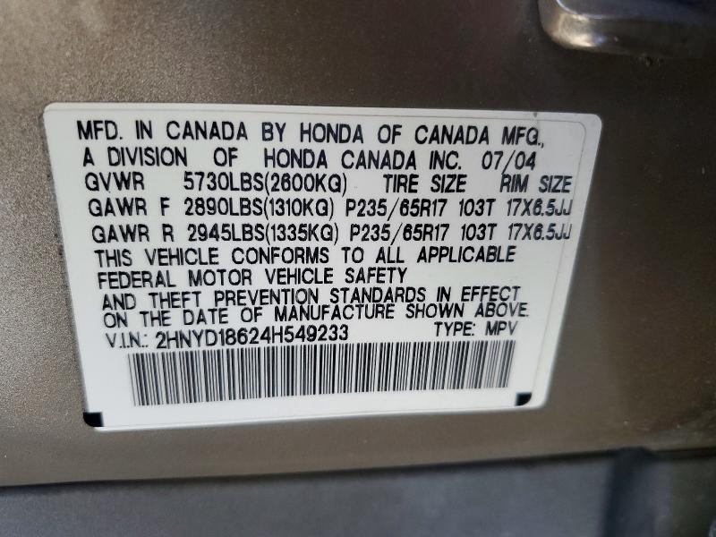 Auction sale of the 2004 Acura Mdx, vin: 2HNYD18624H549233, lot number: 54044426