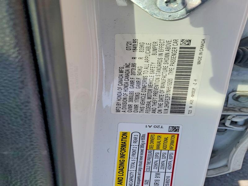 53323216 :رقم المزاد ، 2HGFE2F51NH519265 vin ، 2022 Honda Civic مزاد بيع