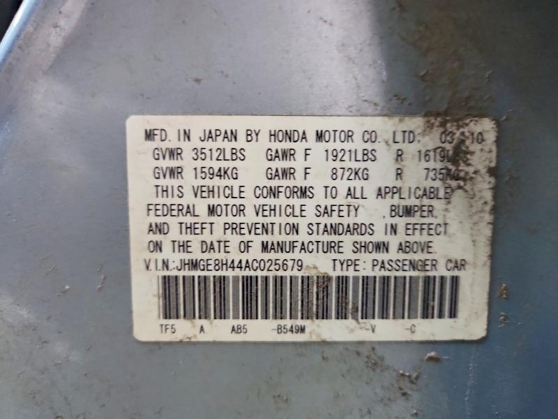 51887526 :رقم المزاد ، JHMGE8H44AC025679 vin ، 2010 Honda Fit مزاد بيع