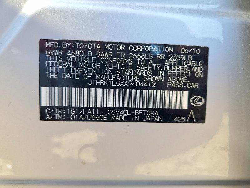 Продаж на аукціоні авто 2010 Lexus Es, vin: JTHBK1EGXA2404412, номер лоту: 53958526