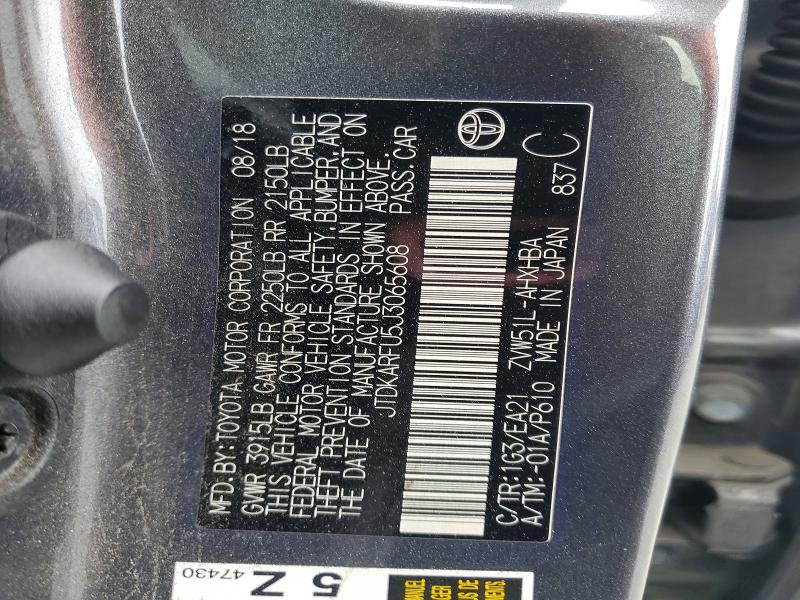 2018 Toyota Prius მანქანა იყიდება აუქციონზე, vin: JTDKARFU5J3065608, აუქციონის ნომერი: 53998376