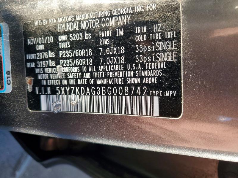 52480006 :رقم المزاد ، 5XYZKDAG3BG008742 vin ، 2011 Hyundai Santa Fe مزاد بيع