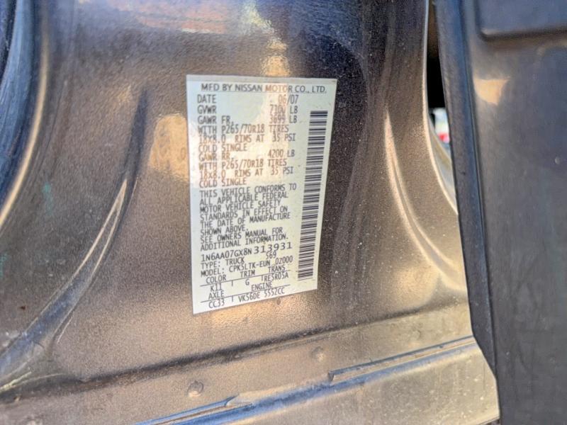 52960526 :رقم المزاد ، 1N6AA07GX8N313931 vin ، 2008 Nissan Titan مزاد بيع