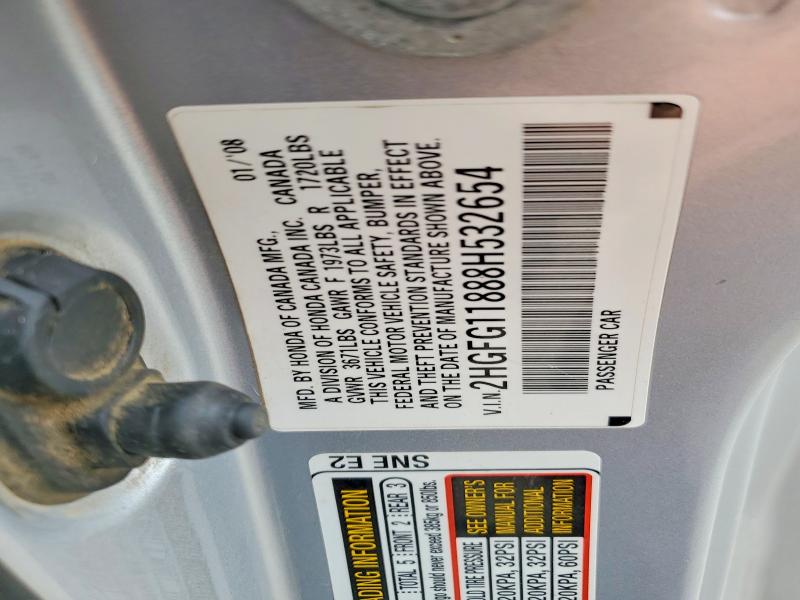 2008 Honda Civic მანქანა იყიდება აუქციონზე, vin: 2HGFG11888H532654, აუქციონის ნომერი: 50368686