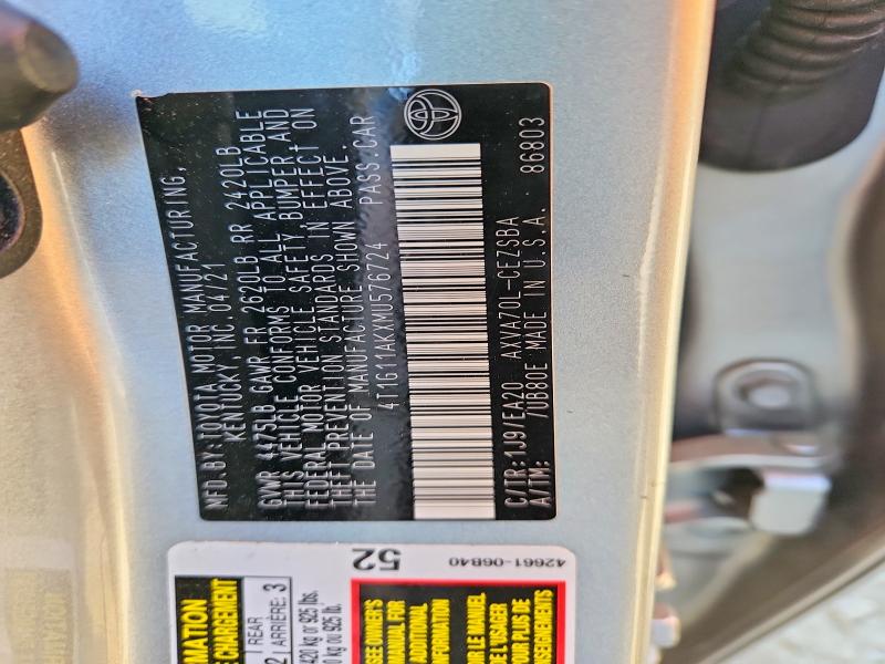 Aukcja sprzedaży 2021 Toyota Camry, vin: 4T1G11AKXMU576724, numer aukcji: 52222766