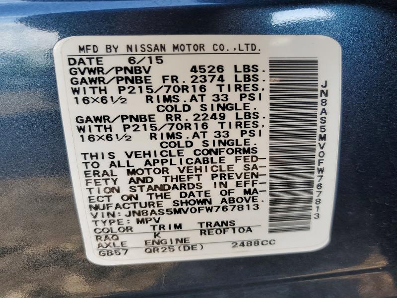 52488926 :رقم المزاد ، JN8AS5MV0FW767813 vin ، 2015 Nissan Rogue Select مزاد بيع