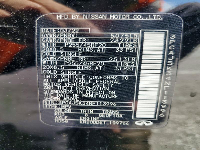 Aukcja sprzedaży 2022 Infiniti Qx55, vin: 3PCAJ5K34NF113996, numer aukcji: 55189236