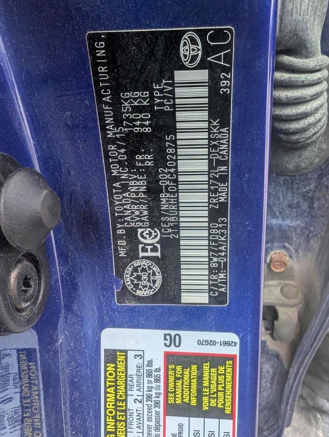 2015 Toyota Corolla მანქანა იყიდება აუქციონზე, vin: 2T1BURHE0FC402875, აუქციონის ნომერი: 51588906