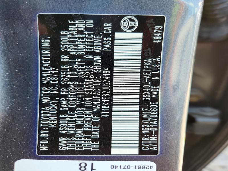 Aukcja sprzedaży 2018 Toyota Avalon, vin: 4T1BK1EB2JU274194, numer aukcji: 52774326